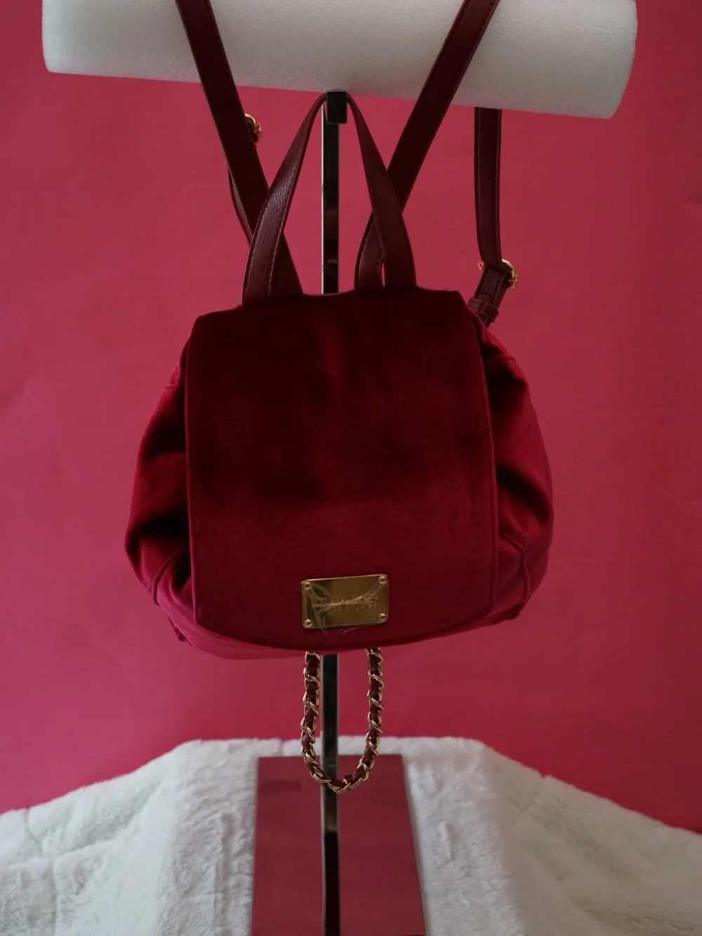 ⁠NWT Bebe Los Angeles Wine Red Velour Mini Backpack Gold Chain Detail Purse